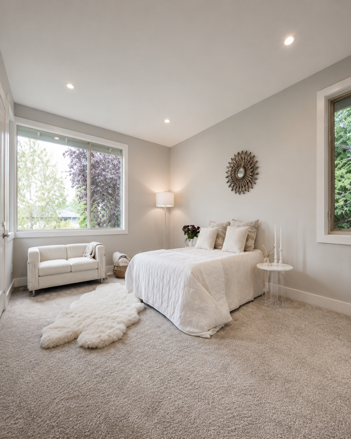 Bright primary bedroom with neutral finishes, large windows, and modern staging