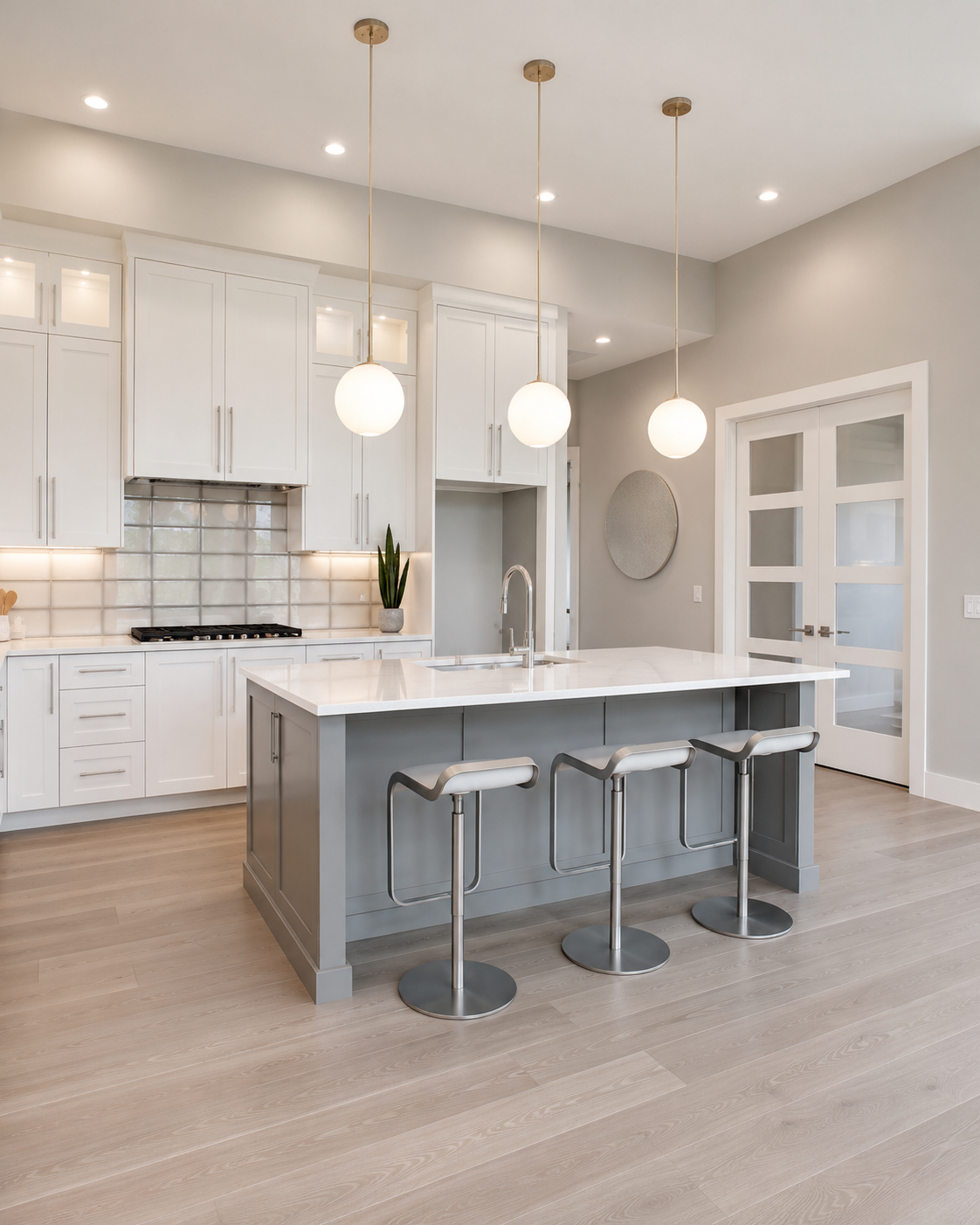 Modern gray kitchen island with three counter stools and white custom cabinetry