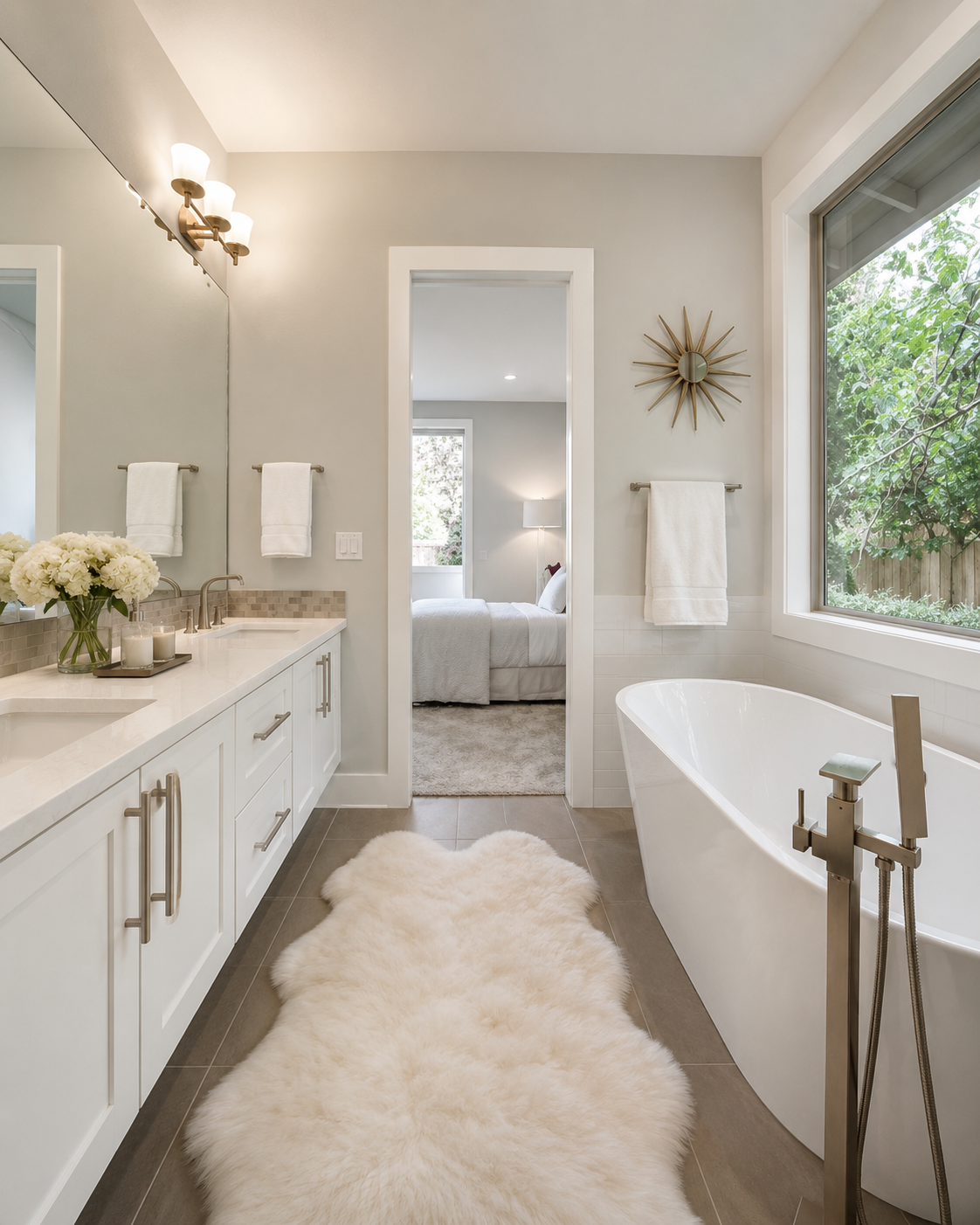 Modern primary bathroom with white vanity, freestanding bathtub, and large window