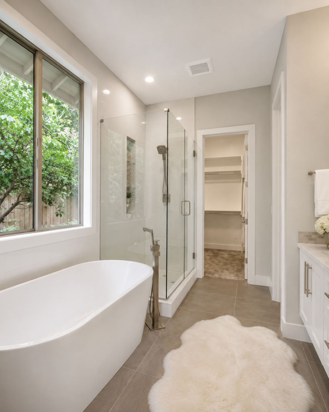 Modern bathroom with freestanding bathtub, glass shower enclosure, and large window