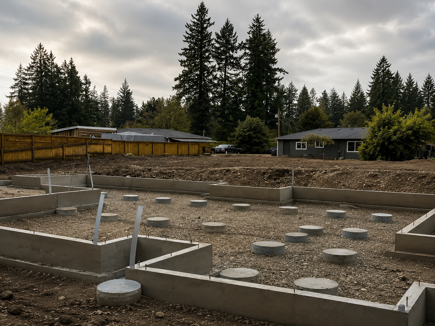 Concrete foundation footings and compacted gravel prepared for a residential construction project near Portland, Oregon.