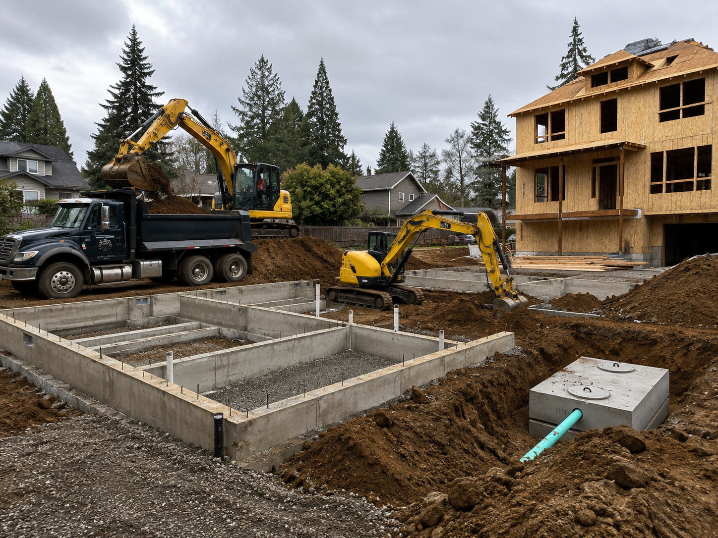 Excavators completing residential site excavation and foundation preparation in the Portland, Oregon area.
