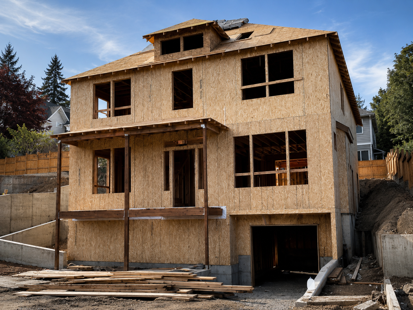 Multi-story custom home framing under construction following excavation and foundation development