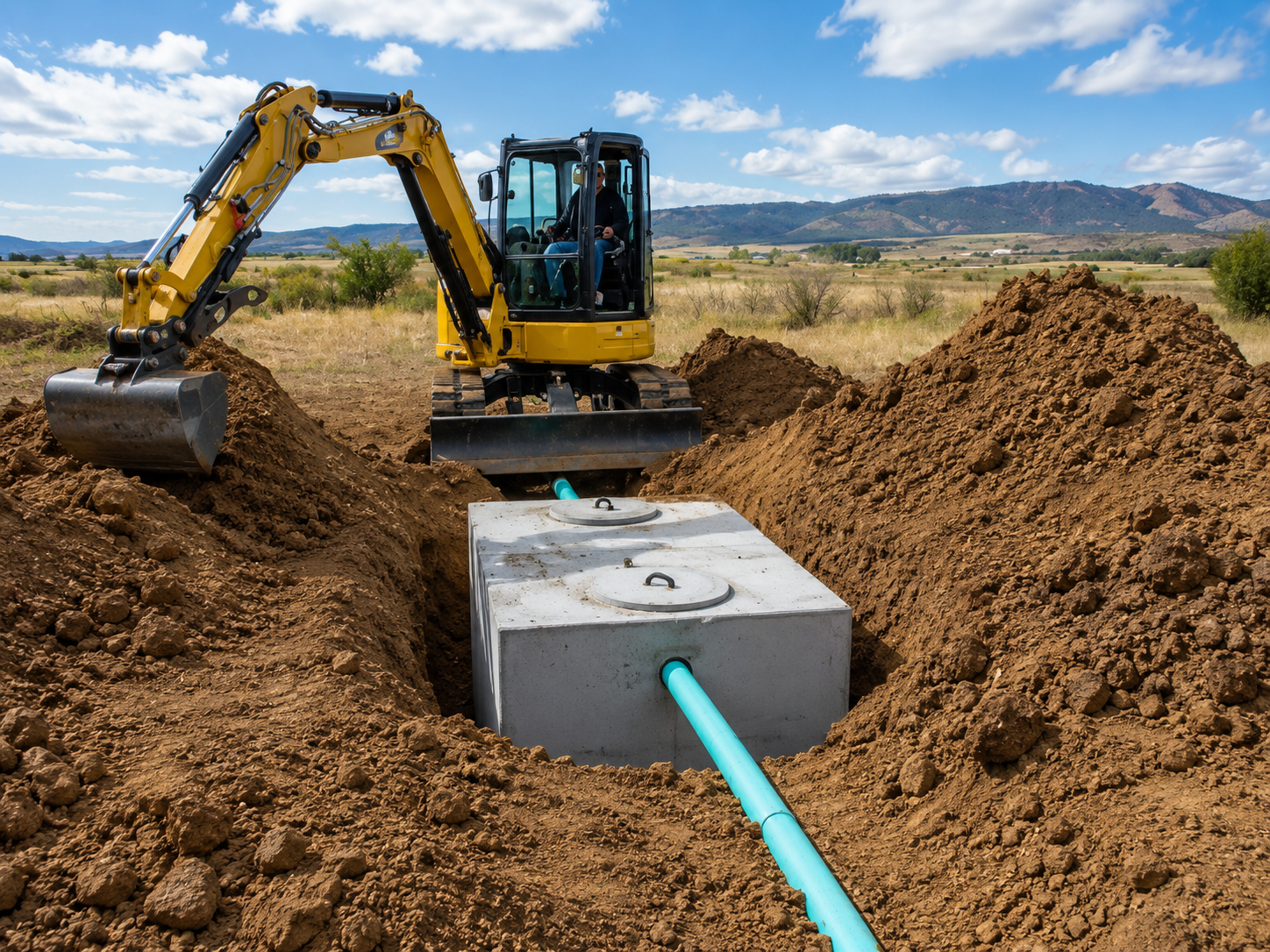 Excavator installing a concrete septic tank and underground piping during residential site development.